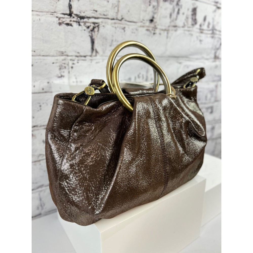 Hobo Brown Leather Metallic‎ Ring Handle Shoulder Bag Purse - Picture 4 of 12